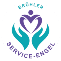 Das Logo der Brühler Service-Engel. Türkisfarbene Hände halten ein Symbol, das stilisiert eine Kombination aus Mensch und Herz zeigt. Darüber wölbt sich der Schriftzug "Brühler" in türkis und darunter der Schriftzug "Service-Engel" in Lila.